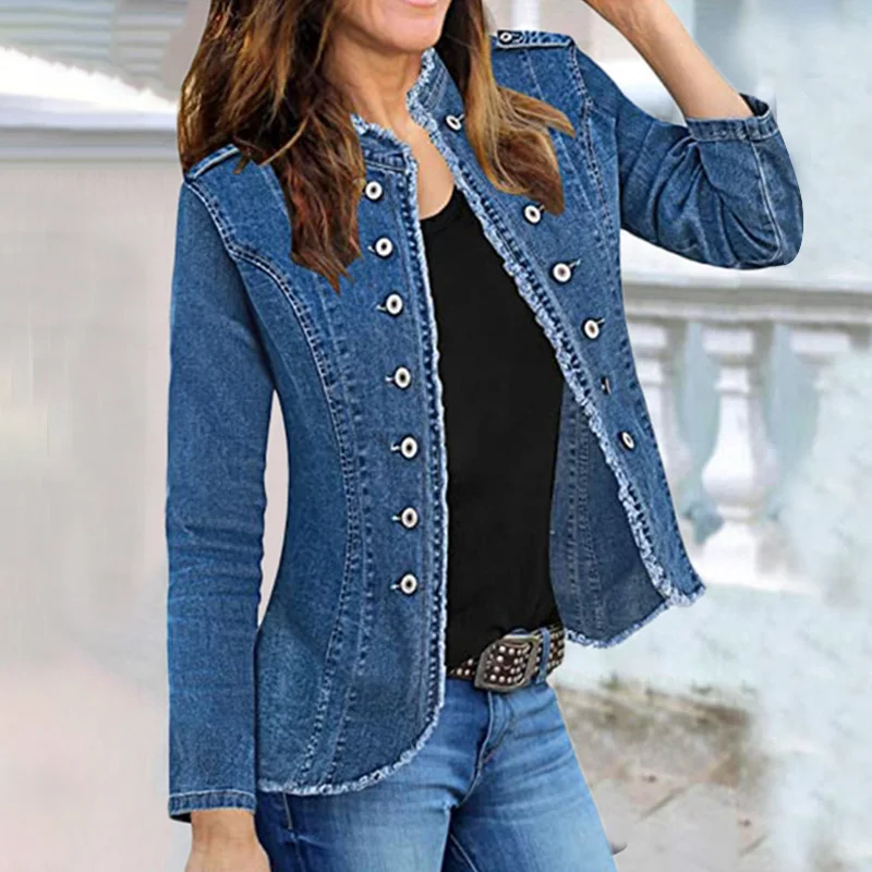 Women's Denim Suit Coat Single Breasted Standing Collar Coat Solid Denim Slim Fit