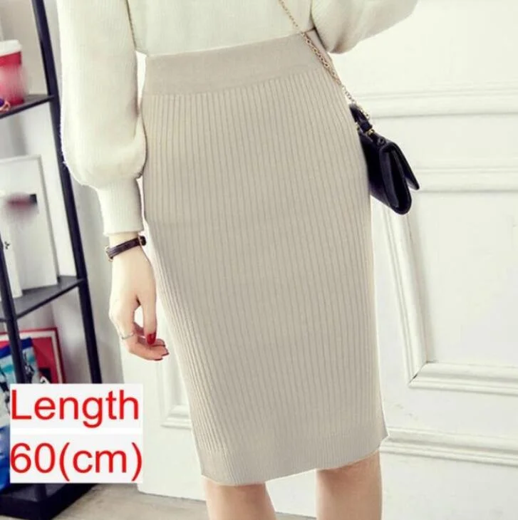 Women Knitted Pencil Skirts Slim Solid Basic Ladies Office High Waist Elegant Midi Skirt 2020 Autumn Winter Warm Womens Skirts