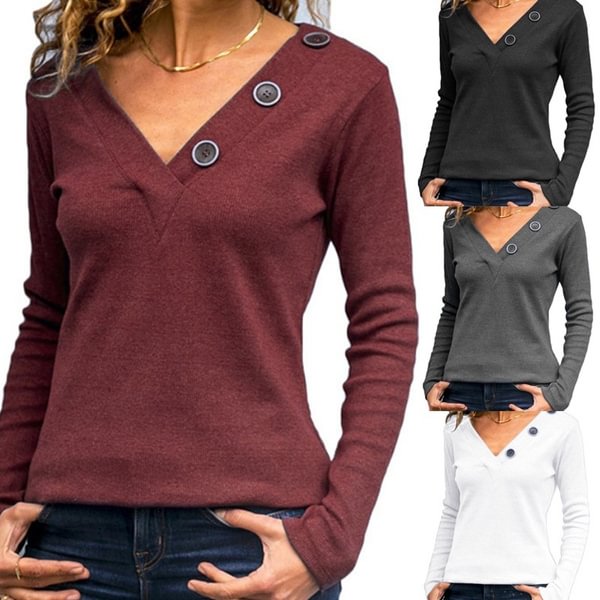Spring and Autumn Casual V-neck Solid Color Long Sleeve Tops - Life is Beautiful for You - SheChoic