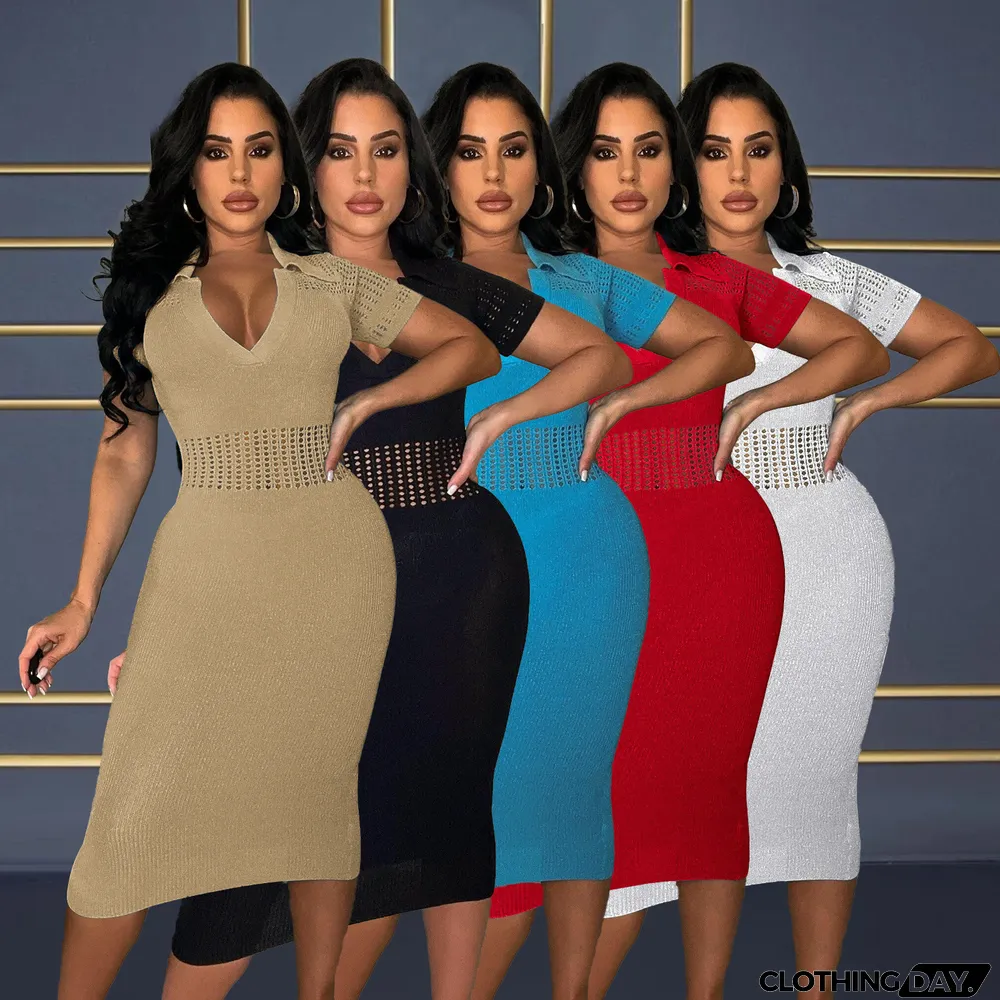 Plus Size Sexy Slim Fit Lapel Sweater Midi Dress
