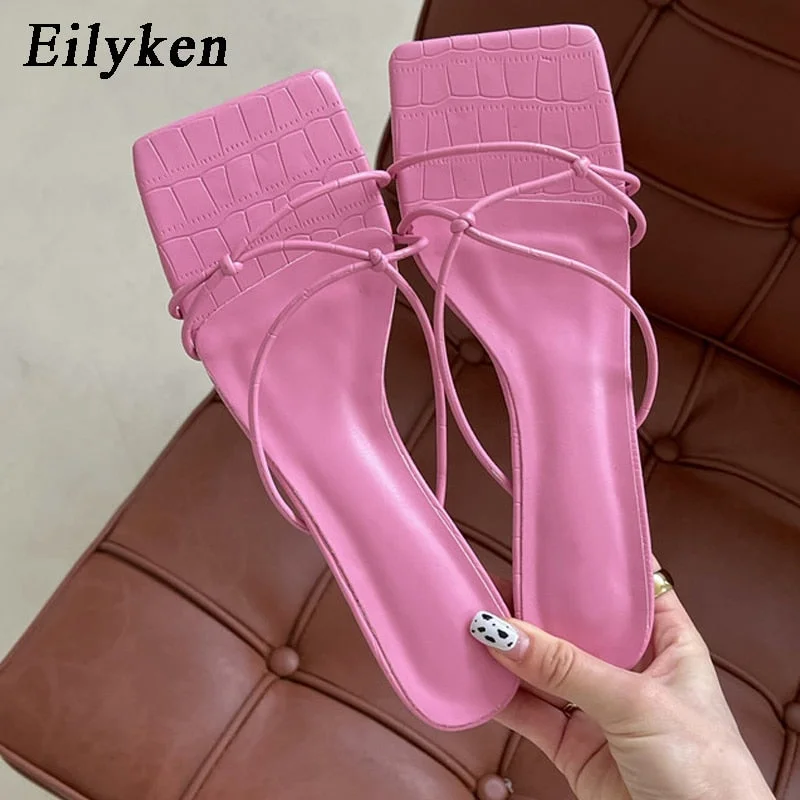 Eilyken 2022 New Summer Slippers Thin Low Heels Slides Fashion Narrow Band Square Toe Sandal Shoes Ladies Elegant Flip Flops