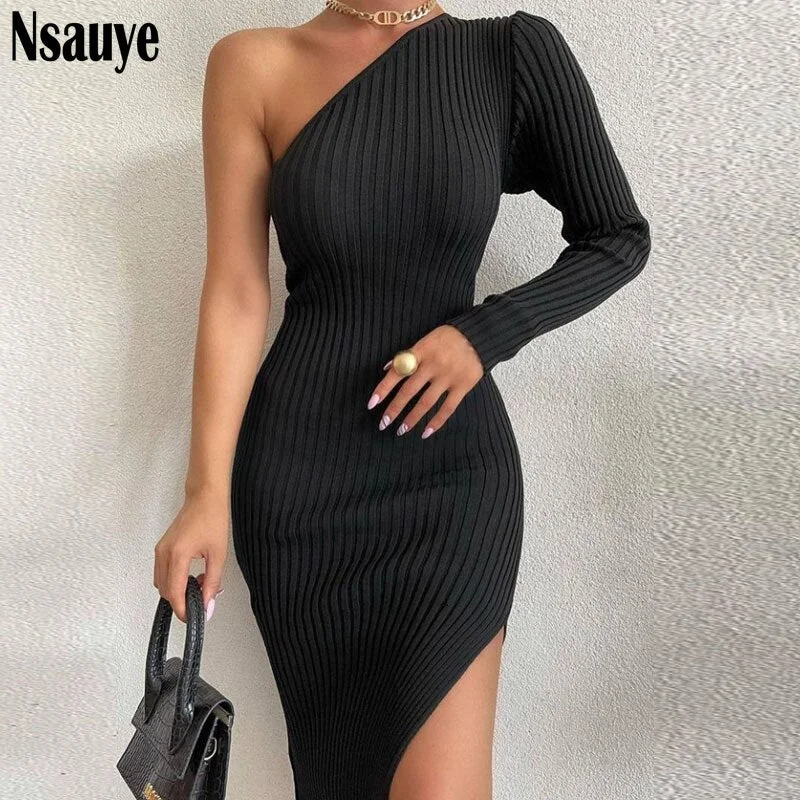 Nsauye 2021 Autumn Winter Women Evening Knitted One Shoulder Wrap White Mini Dress Sexy Party Club Elegant Bodycon Black Dresses