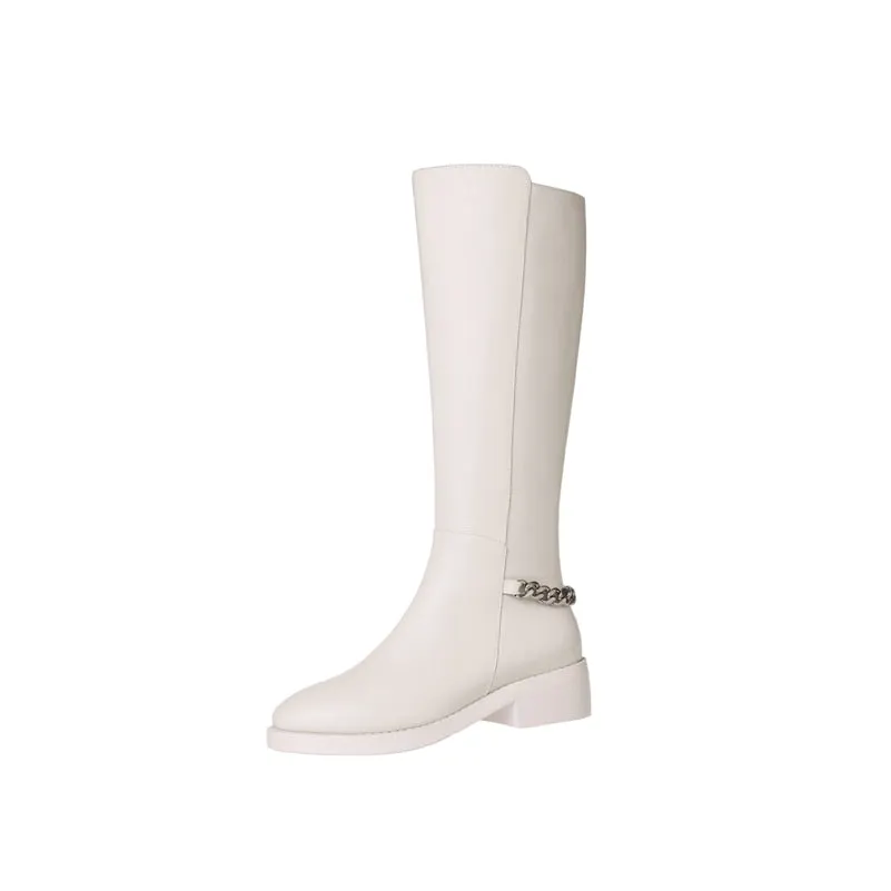 Meotina Genuine Leather Riding Boots Women Shoes Chain Thick Heel Knee High Boots Med Heel Round Toe Zipper Lady Boots Autumn 43