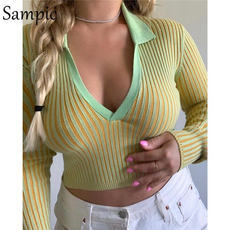 Sampic Sexy Women Summer Beach 2021 Knitted Long Sleeve Sweat Cropped T Shirt Tops Fashion Club Skinny Stripe Y2K Basic Tees