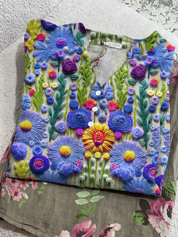 Women's Vintage Flower Art Print Casual Cotton And Linen  Shirt