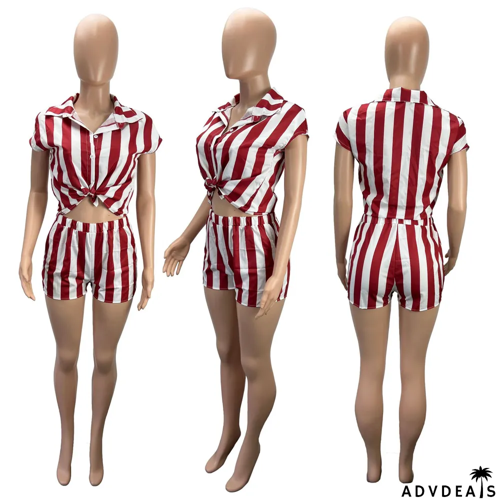 Ladies Spring Autumn Fashionable Casual Stripe Print Shirt Shorts Two Piece Set