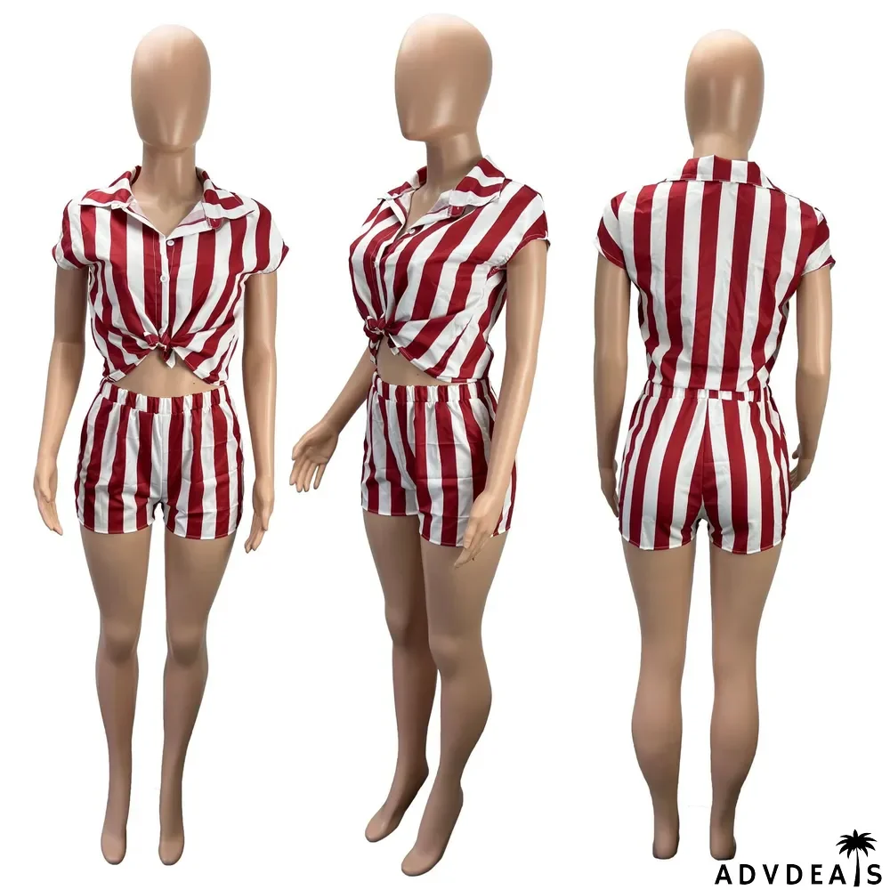 Ladies Spring Autumn Fashionable Casual Stripe Print Shirt Shorts Two Piece Set