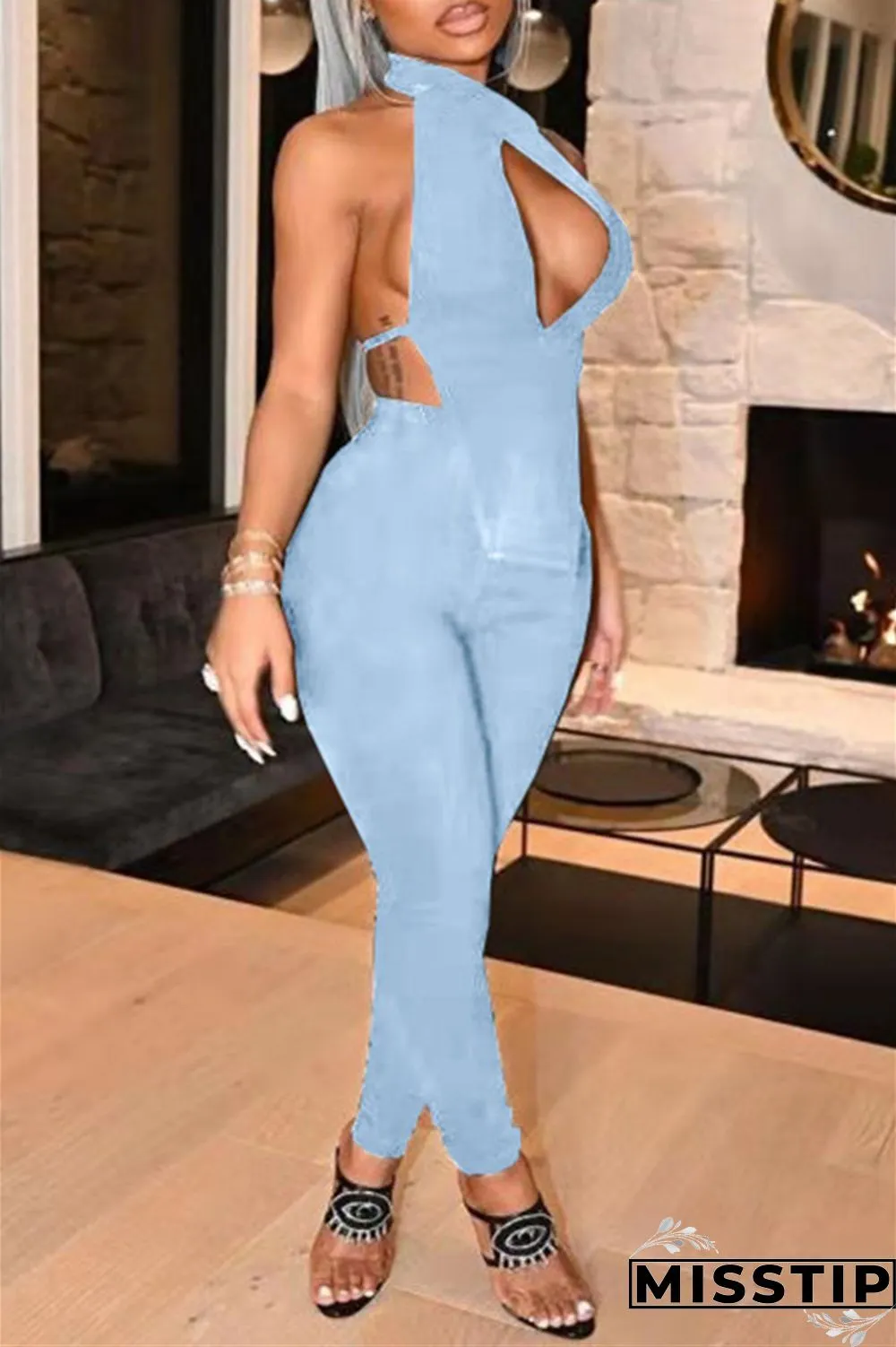 Red Fashion Sexy Solid Hollowed Out Backless Turtleneck Sleeveless Two Pieces