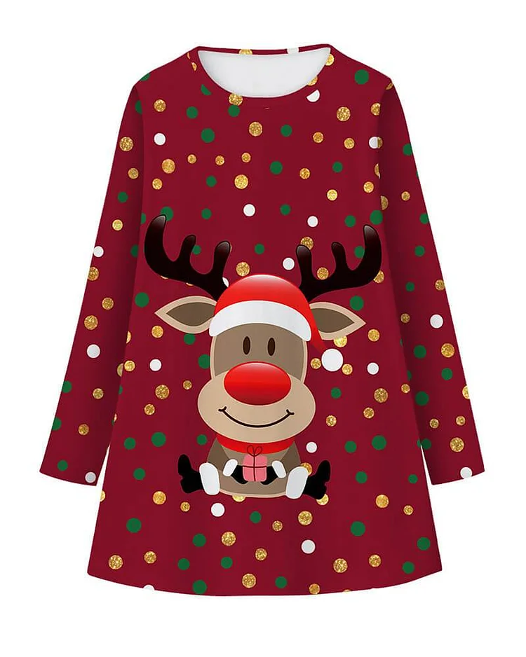 Mayoulove Rudolph The Red Nosed Reindeer Print Girls Long Sleeve Christmas Dress-Mayoulove