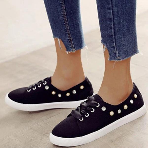  Women Canvas Lace-up Sneakers Round Toe Casual Shoes
