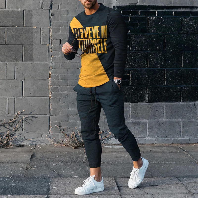 Men's Letters Stitching Casual Long Sleeve T-Shirt And Pants Co-Ord