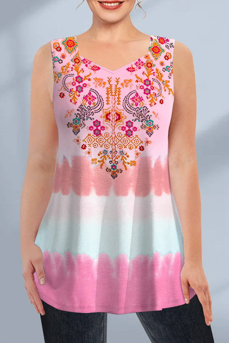 Flycurvy Plus Size Casual Pink Tie Dye Bohemian Print Tank Top  Flycurvy [product_label]
