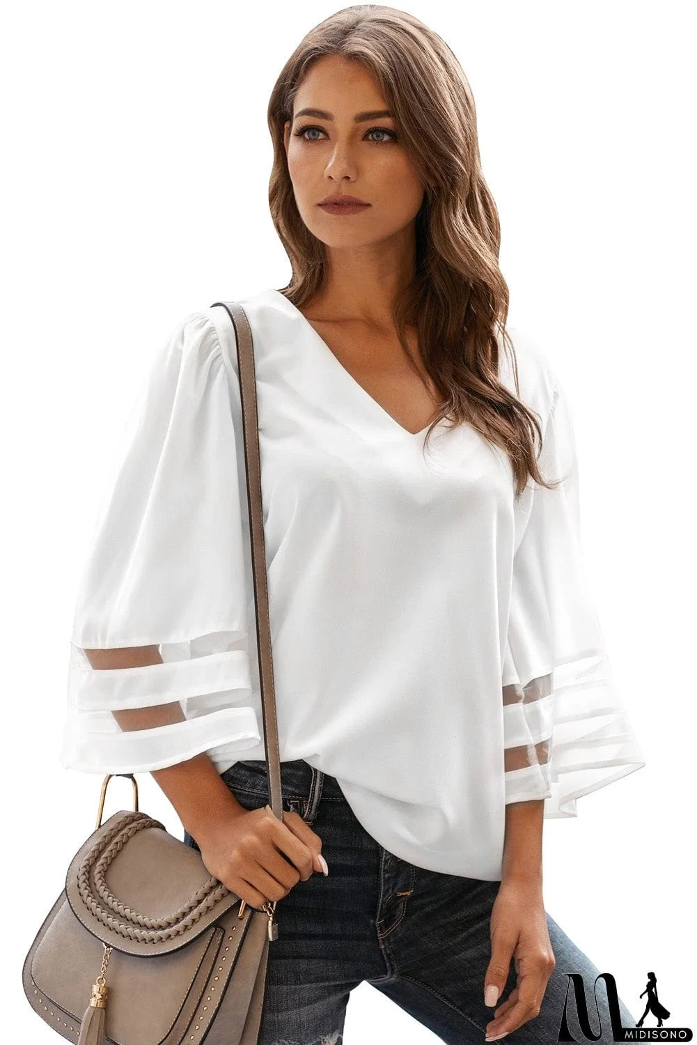 MidiSono - White Flare Sleeve V Neck Loose Women's Chiffon Blouse
