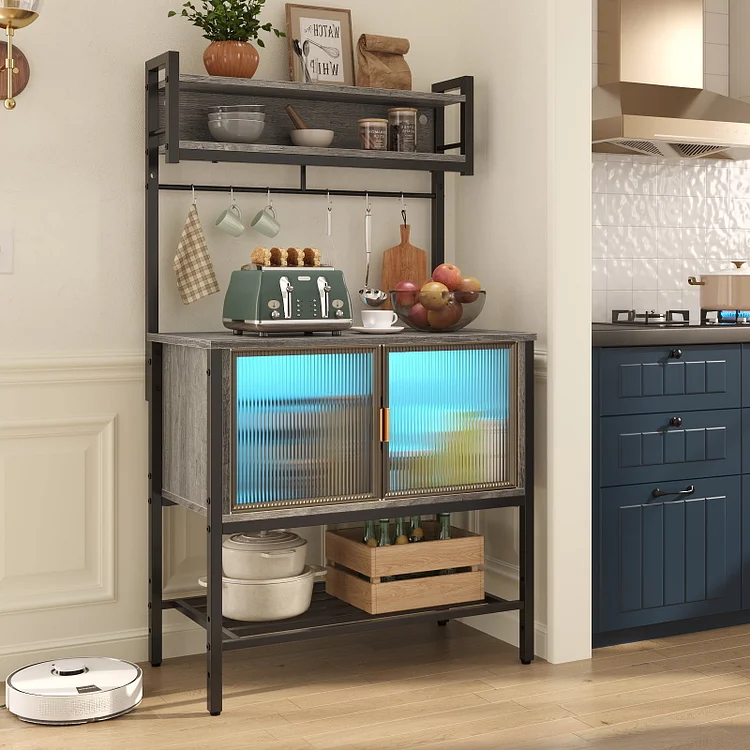 Bestier Bakers Rack with Storage Cabinet, 5 Tier Microwave Stand with LED, Kitchen Coffee Bar Table with 6 Hooks for Kitchen Garage Pantry