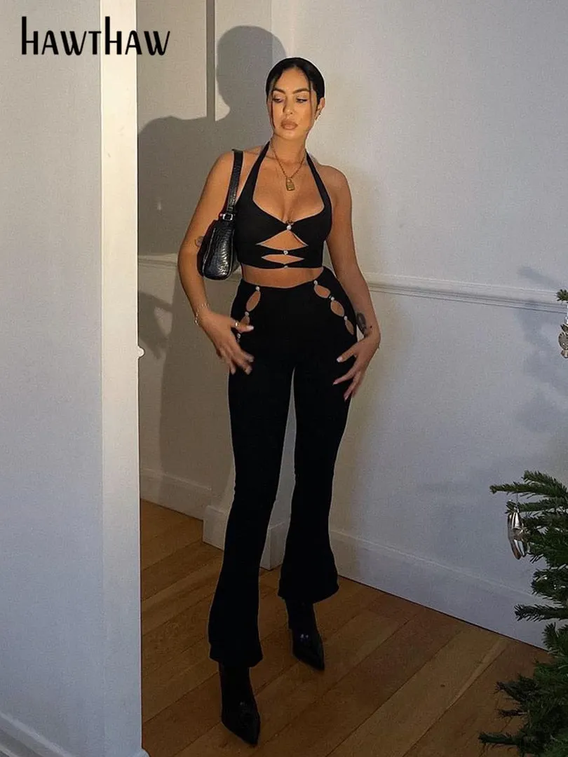 Hawthaw Women Hollow Out Black Crop Tank Tops High Waist Long Pants Two Piece Set Suit Outfit 2022 Summer Clothes Wholesale Item