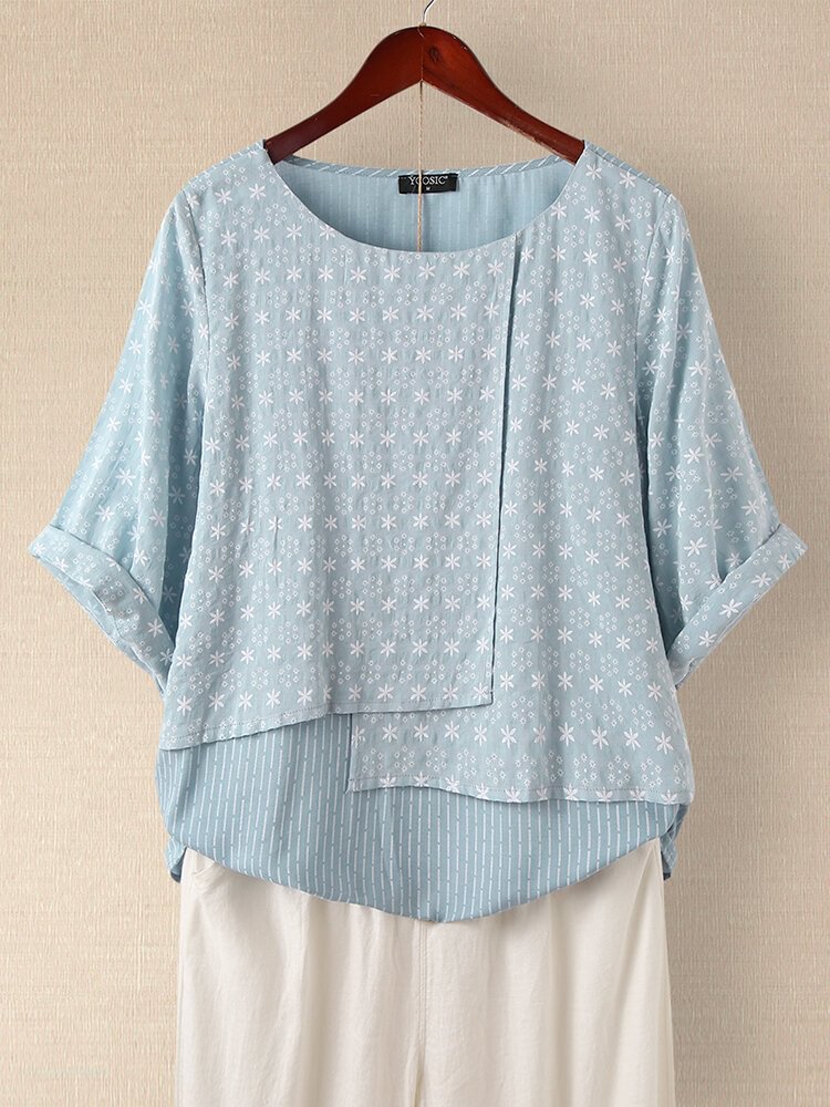 Floral Printed Striped Patchwork O Neck Half Sleeve Blouse P1695462