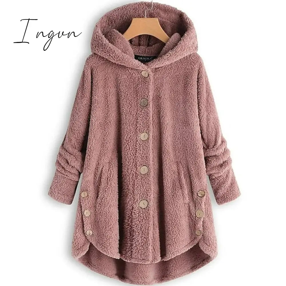 Ingvn - Women’s Fleece Jacket Pullover Sherpa Teddy Button Front Pocket Claret Turmeric Black