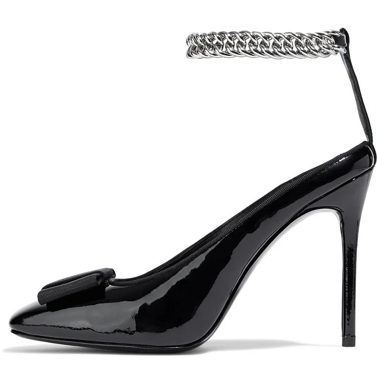 Black Square Toe Bow Heels Patent Leather Chain Ankle Strap Pumps |FSJ Shoes