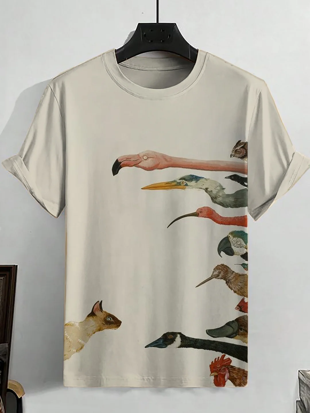 Men's Casual Birds And Cat Printed Funny Crew Neck T-Shirt
