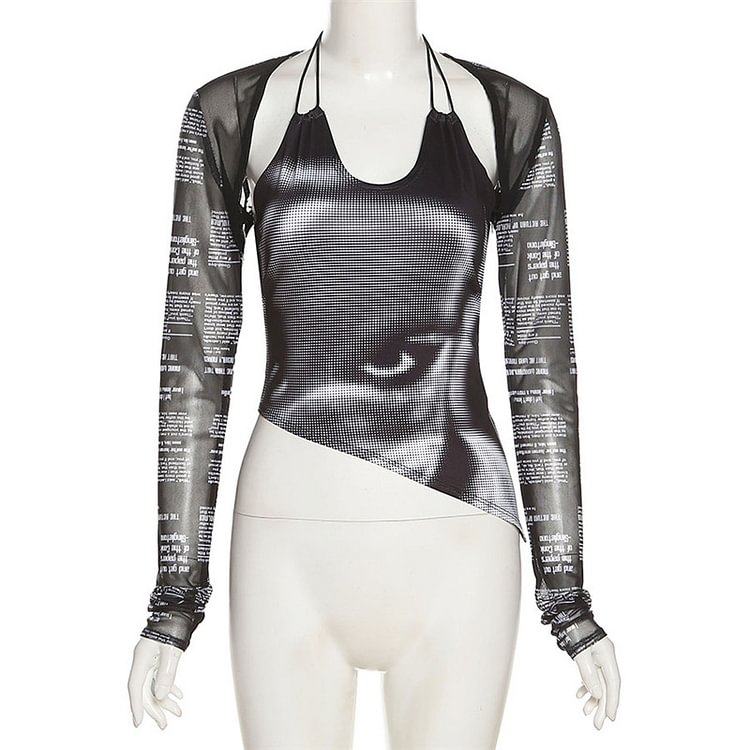 Women's Cropped Long Sleeve T-Shirt, Fashion Letter Art Portrait Print Camisole