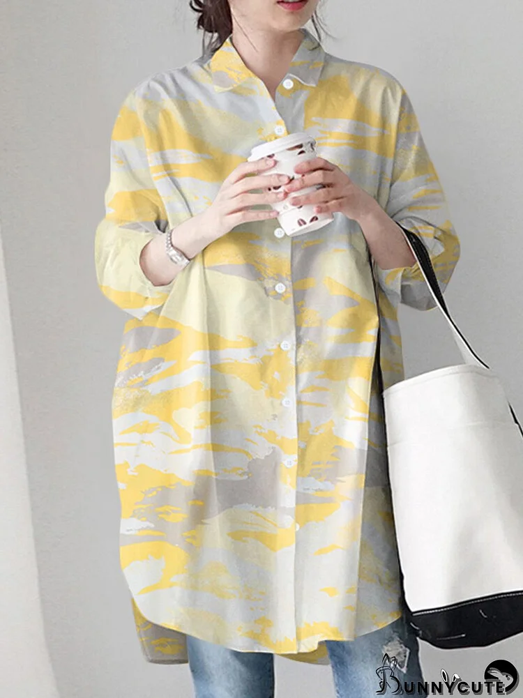 Tie Dye Button Split Hem Long Sleeve Lapel Casual Shirt