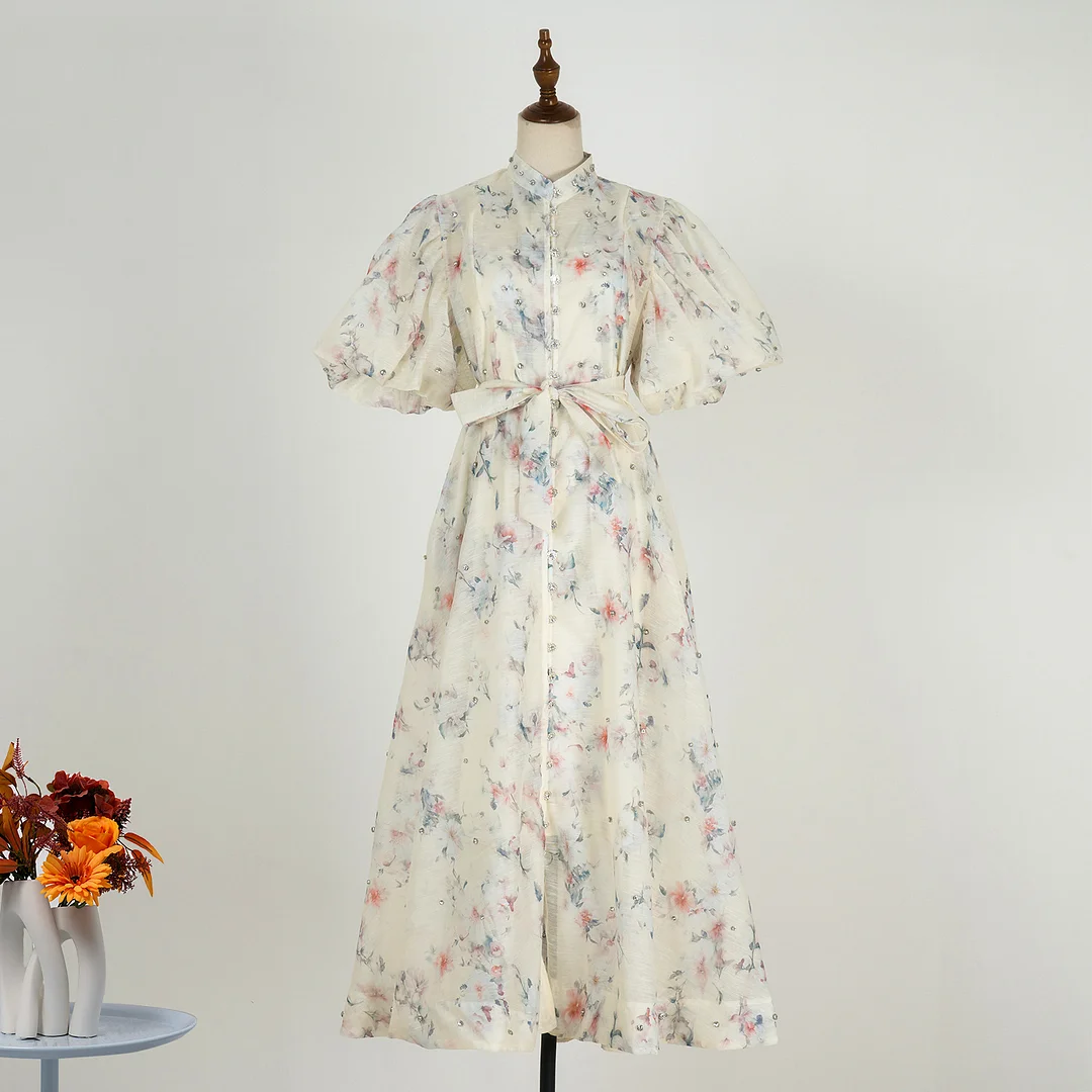 Nigikala Nigikala Court Style High Design Feeling Heavy Industry Nail Drill Short Sleeve Single Buckle Dress + Sling