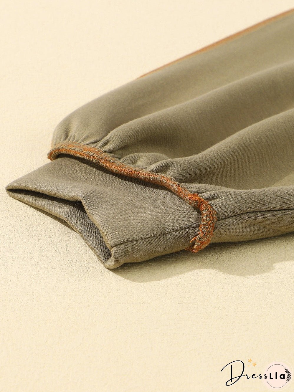 Khaki Zippered V-Neck Color Block Sweatshirt