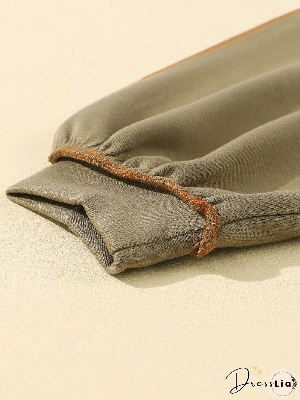 Khaki Zippered V-Neck Color Block Sweatshirt