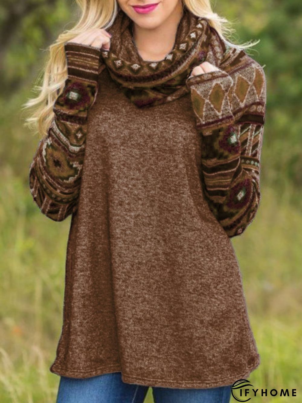 Long Sleeve Printed Cowl Neck Casual Tunic Top | IFYHOME