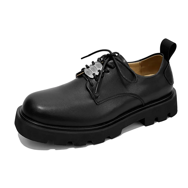 Tanguoant Tanguoant 2023 Spring New Leather Shoes Men's Black British Style Versatile Round Head Square Head Big Head Overalls Leather Shoes 59003