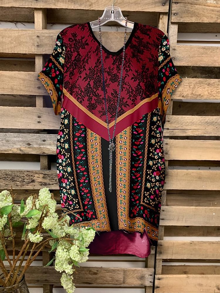 Black and Red Floral Short Sleeve Spoon Neck Waist Short Sleeve-Mayoulove