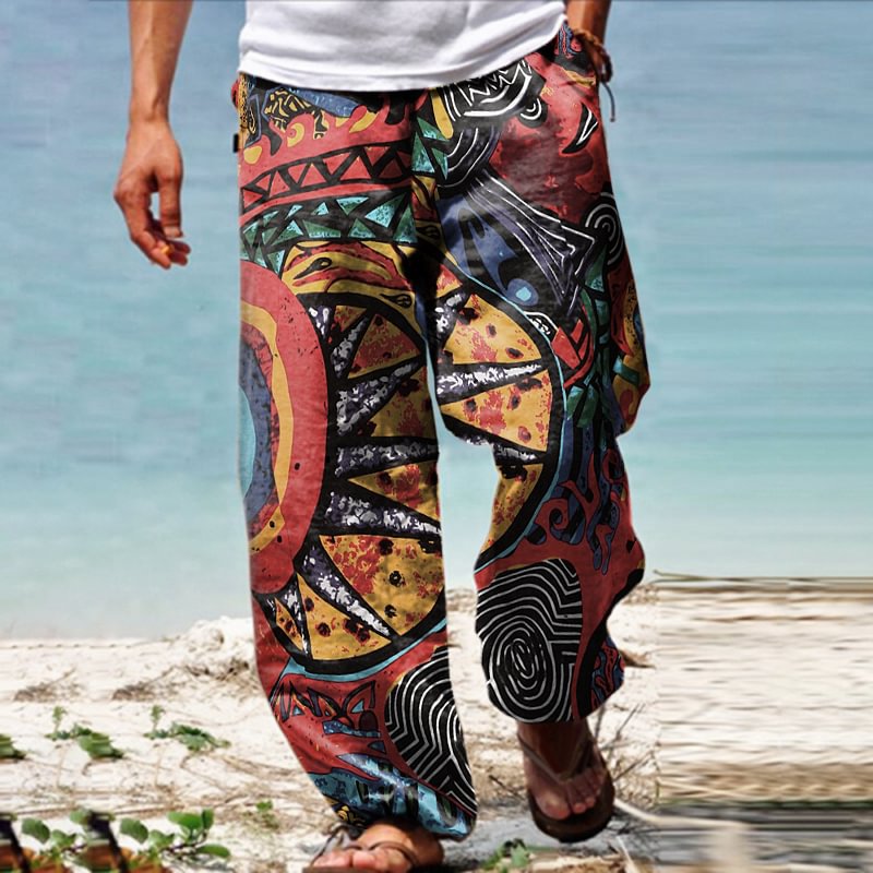 Men's Linen Western Ethnic Irregular Boho Print Double Pocket Stretch Loose Pants、、URBENIE