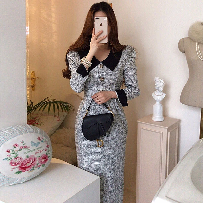 Churchf Churchf Chic Retro Temperament Contrast Color Lapel Pressure Fold Belt Closed Waist Show Thin And Thick Long Tweed Dress