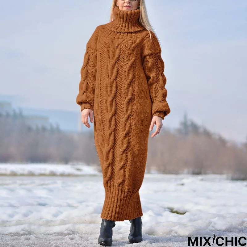 Long Sleeves Solid Knitted Shift Sweater Dress