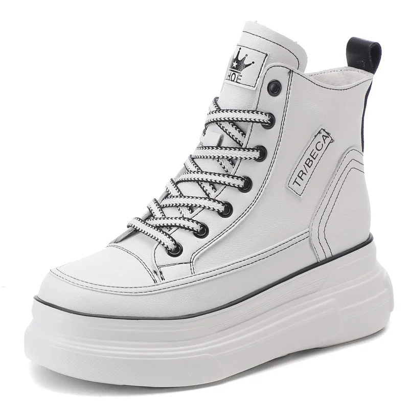 Fujin 7cm Platform Wedge Sneakers Hidden Heel High Top Genuine Leather Women Casual Shoes Sneakers Za Fashion Casual Boots White