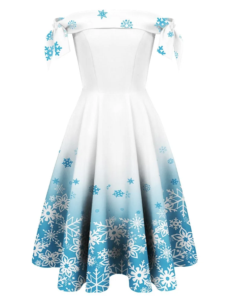 White 1950s Off Shoulder Snowflake Dress