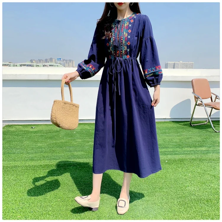 Eslicerpro Ethnic Style Long Dresses Embroidered Cotton Linen White Vacation Travel Dress Women Travel New Elegant Vintage Chic Vestidos