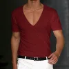 Men's Basic White Deep V-Neck Cotton Short Sleeve T-Shirt by Inlyline