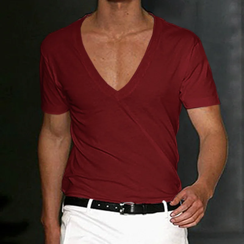 Men's Basic White Deep V-Neck Cotton Short Sleeve T-Shirt