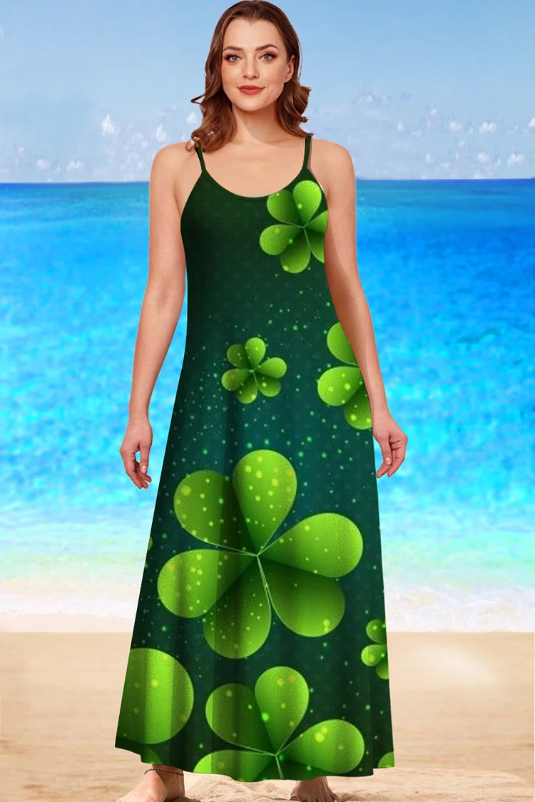 Flycurvy Plus Size Casual Dark Green Ombre Four Leaf Clover Print Adjustable Cami Maxi Dress  Flycurvy [product_label]