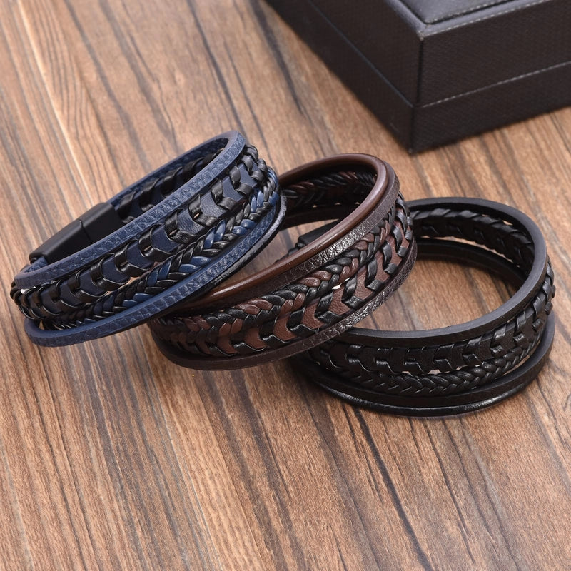 Hot Sale Multi-layer Leather Rope Woven Bracelet Fashion Men's Leather Bracelet Titanium Steel Magnetic Buckle Bracelet Bracelet