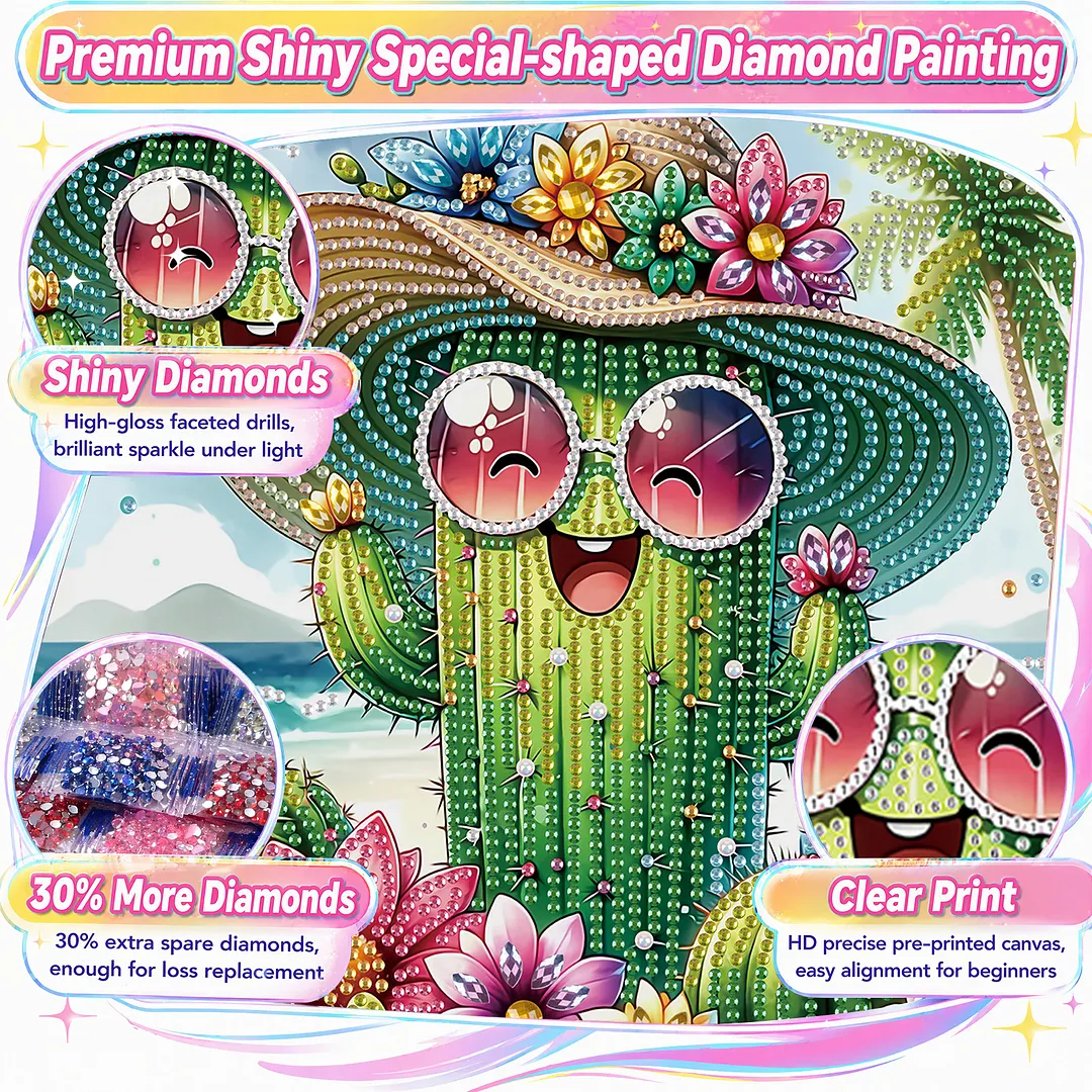 Beach Straw Hat Cactus Special Shaped 5D DIY Partial Drill Diamond Painting Kits for Adults Beginners Home Decor Diamonds Paintings Gem Art 11.81 X11.81inch