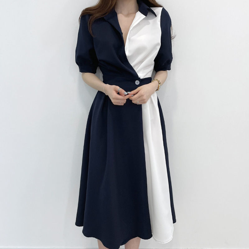 Rialishtic college outfits  2025 Summer Vintage Short Sleeve Polo Collar Mid Long Dresses Women's Elegant Classic Office Lady A-Line Patchwork Dress