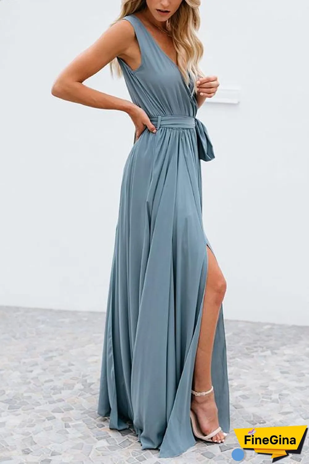 V Neck Sleeveless Slit Wrap Maxi Dress