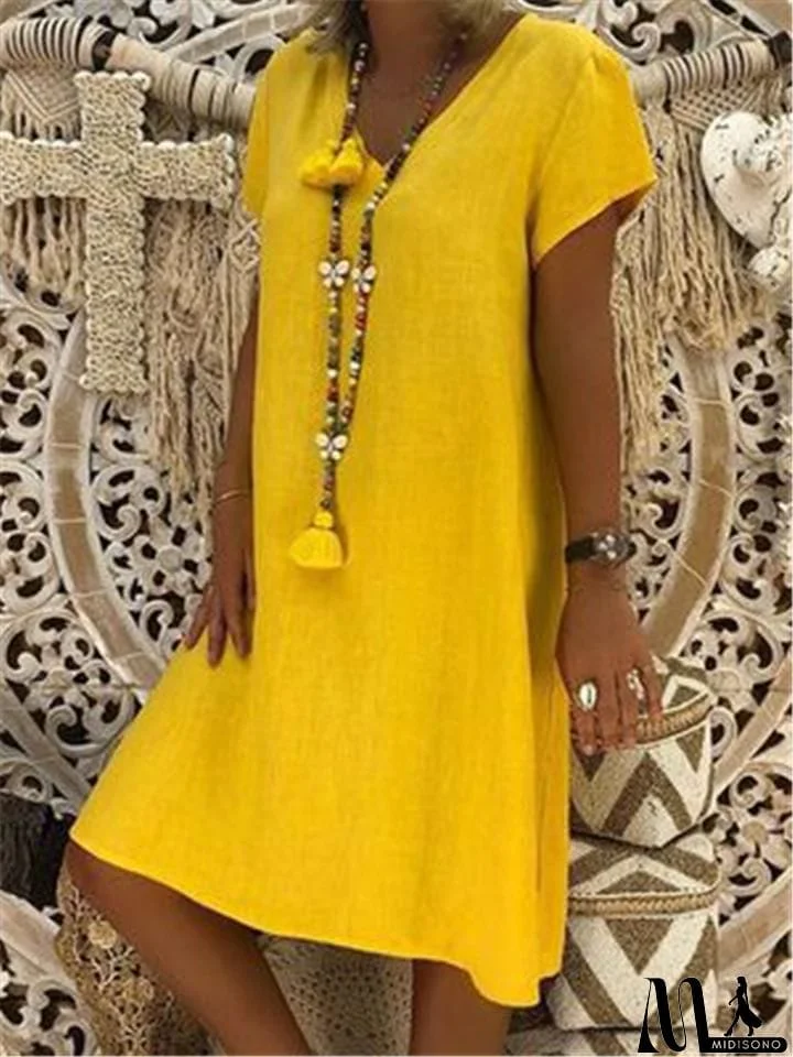 MidiSono - Women's Cozy Short Sleeve Midi Length Shift Dress