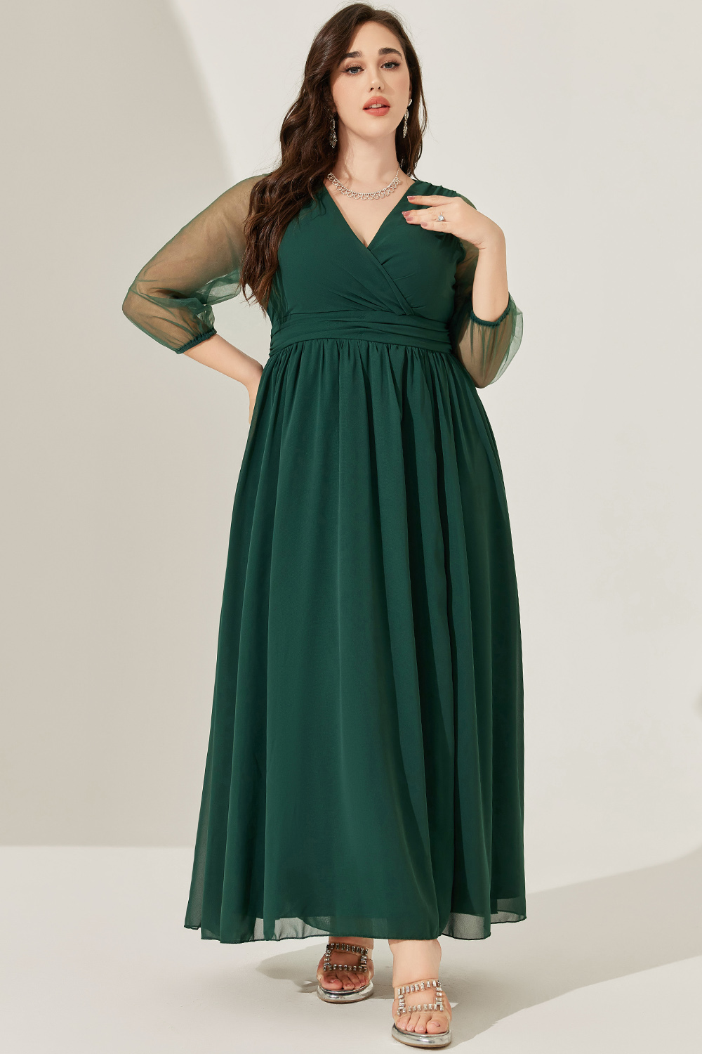 Flycurvy Plus Size Mother Of The Bride Dark Green Chiffon Wrap Lantern Sleeve Split Maxi Dress 2024 - Flycurvy 