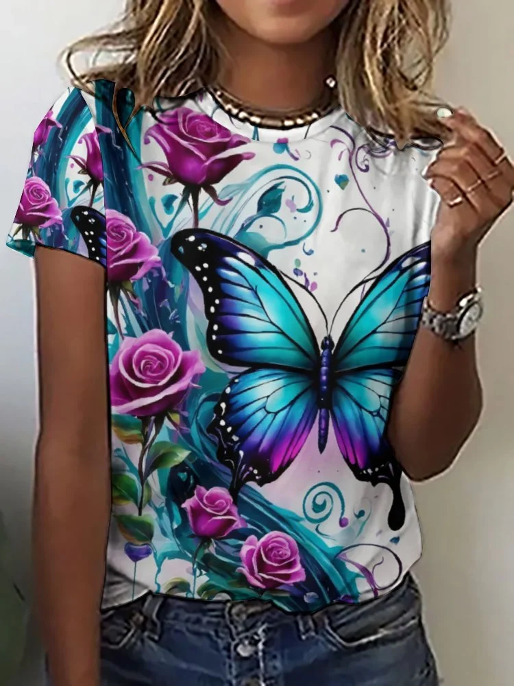 Printed Short Sleeve Casual T-shirt for  Women and Men Unisex Pattern Butterfly, Purple, Blue, Floral