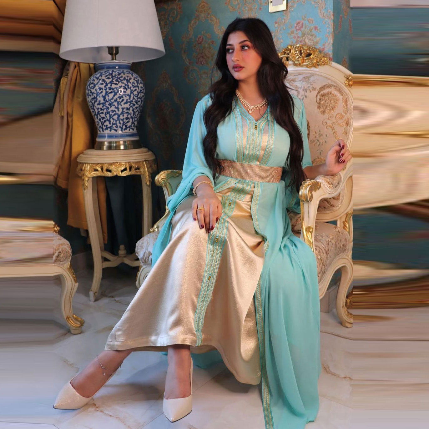 Satin V Neck Elegant Dress and Chiffon Outerwear | Oxredo Shop Ramadan Sale
