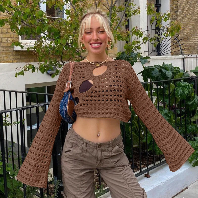 Brownm Neck Summer Girl Fashion Sexy Irregular Ripped Hollow-out Knitted Blouse