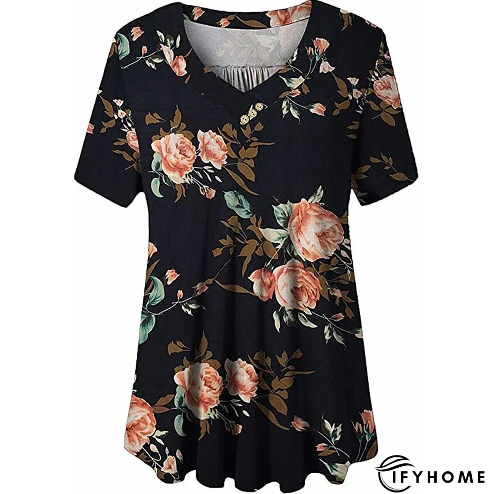 Women's Shirt Blouse Denim Blue Black White Leopard Floral Print Short Sleeve Casual Holiday Basic V Neck Regular Floral Plus Size M | IFYHOME